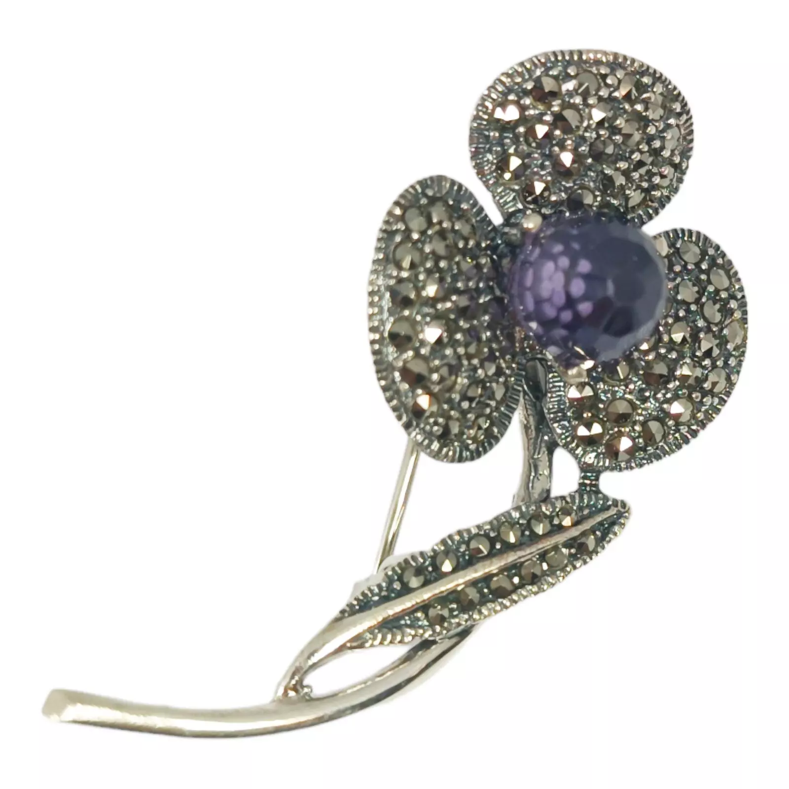 Les Trésors De Lily Broche Argent 'Sappho' Violet Marcassite Argenté 50x25 Mm (fleur) [S0554]