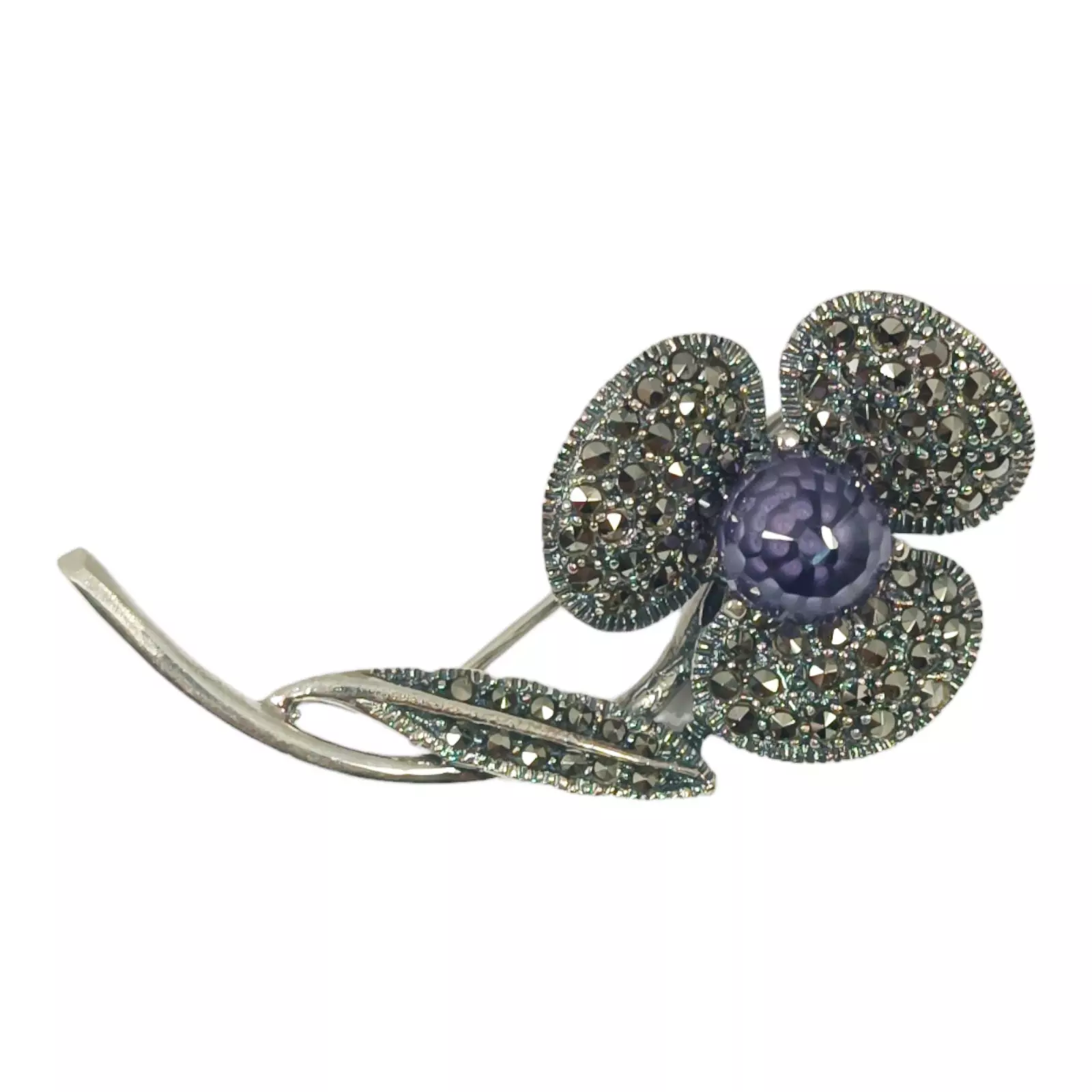 les trésors de lily Broche Argent 'Sappho' violet marcassite argenté 50x25 mm (fleur) [S0554]