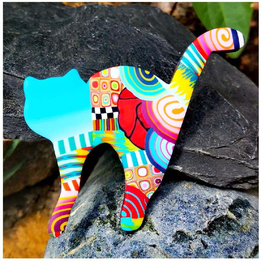 Les Trésors De Lily Broche Artisanale 'Colombine & Arlequin' Multicolore (chat) 70x48 Mm [R1336]