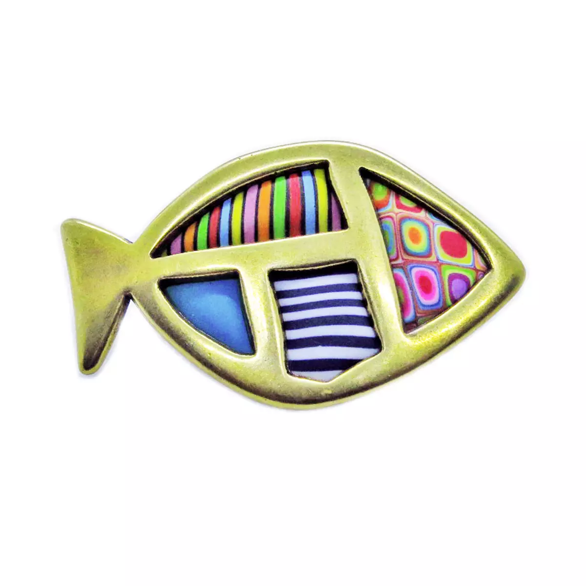 les trésors de lily Broche artisanale 'Colombine & Arlequin' multicolore doré (poisson) 55x30 mm [R6416]