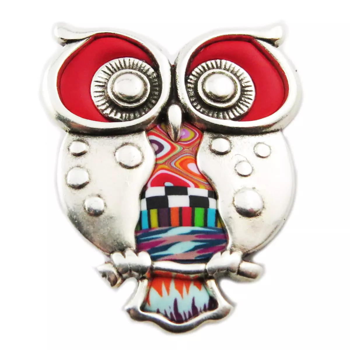 les trésors de lily Broche artisanale 'Colombine & Arlequin' rouge argenté (chouette) 50x45 mm [R1191]