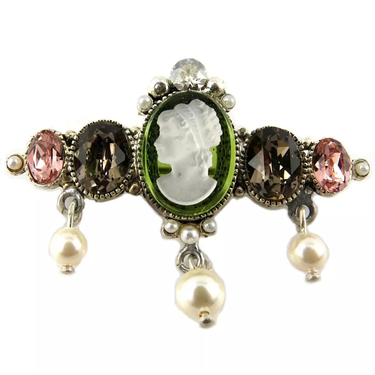 Les Trésors De Lily Broche Artisanale 'Constantinople' Vert Taupe Rose Argenté (camée) 40 Mm Camée 12x10 Mm [Q9950]