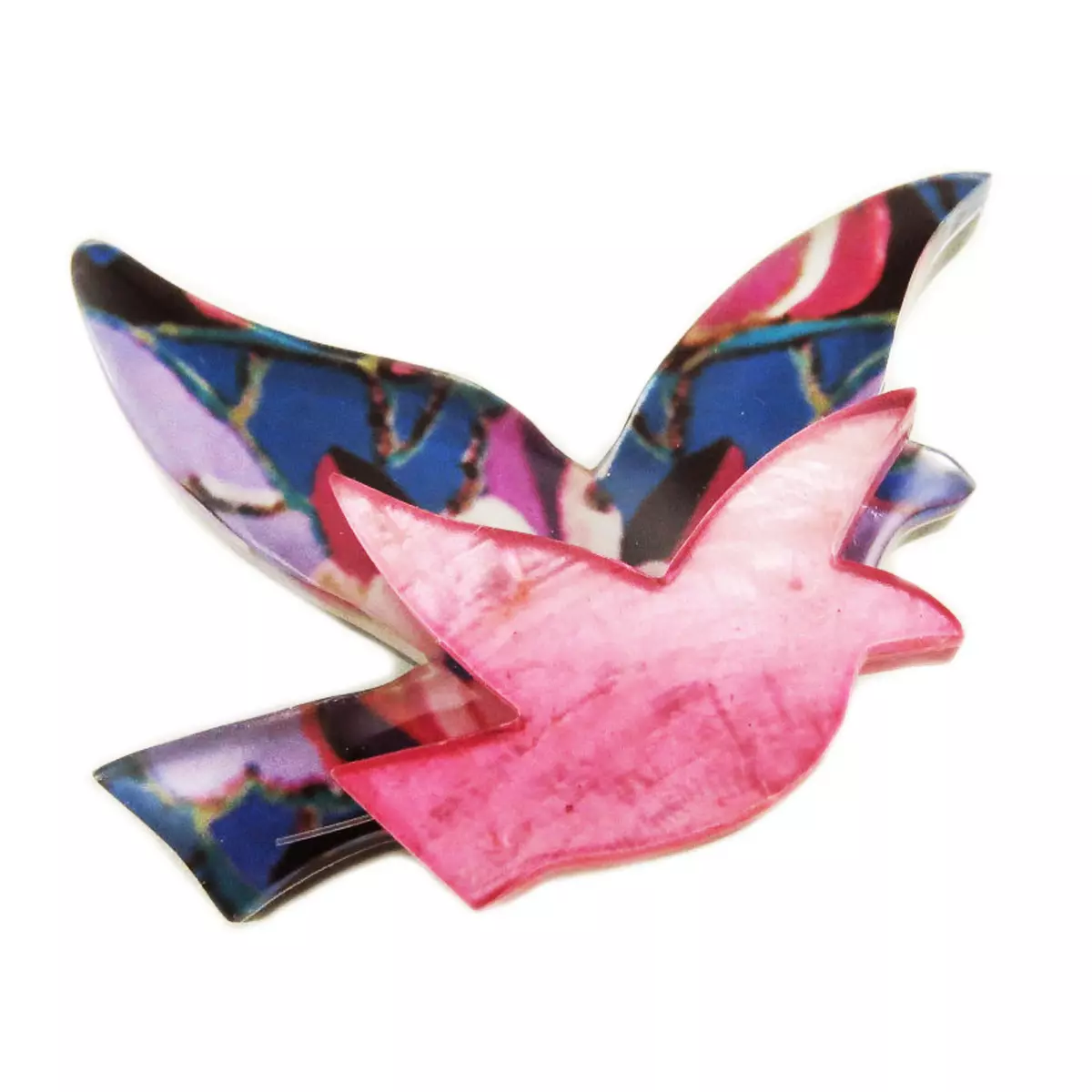 les trésors de lily Broche artisanale 'Mistinguette' bleu rose (colombe) 50x40 mm [R4279]