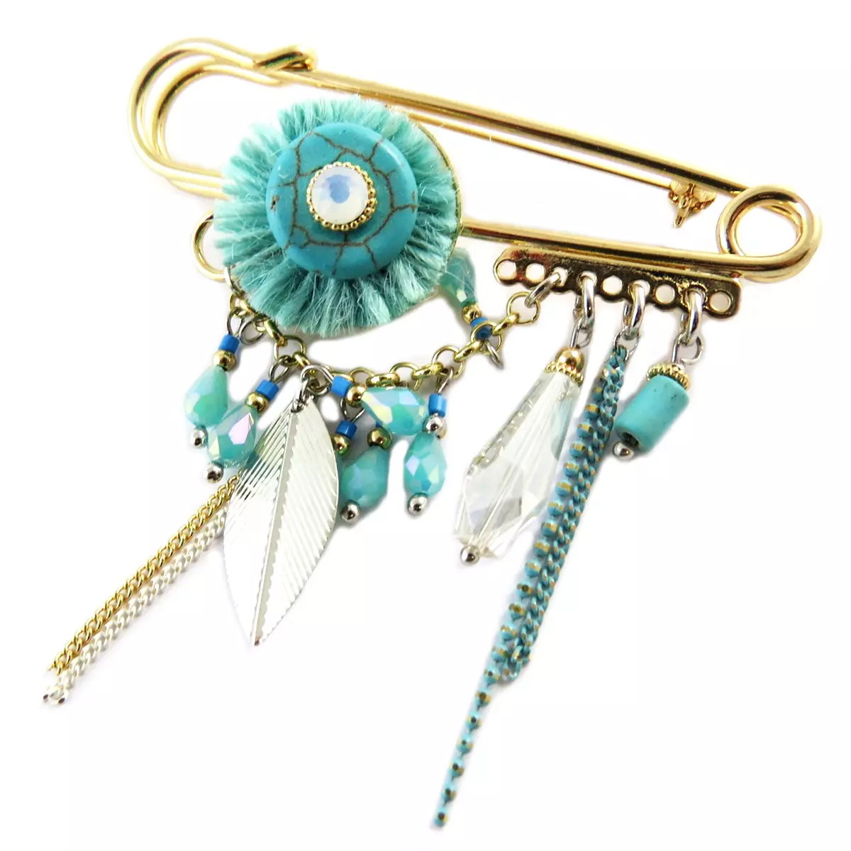 Les Trésors De Lily Broche Créateur 'Acapulco' Turquoise Doré 70x60 Mm [Q1043]