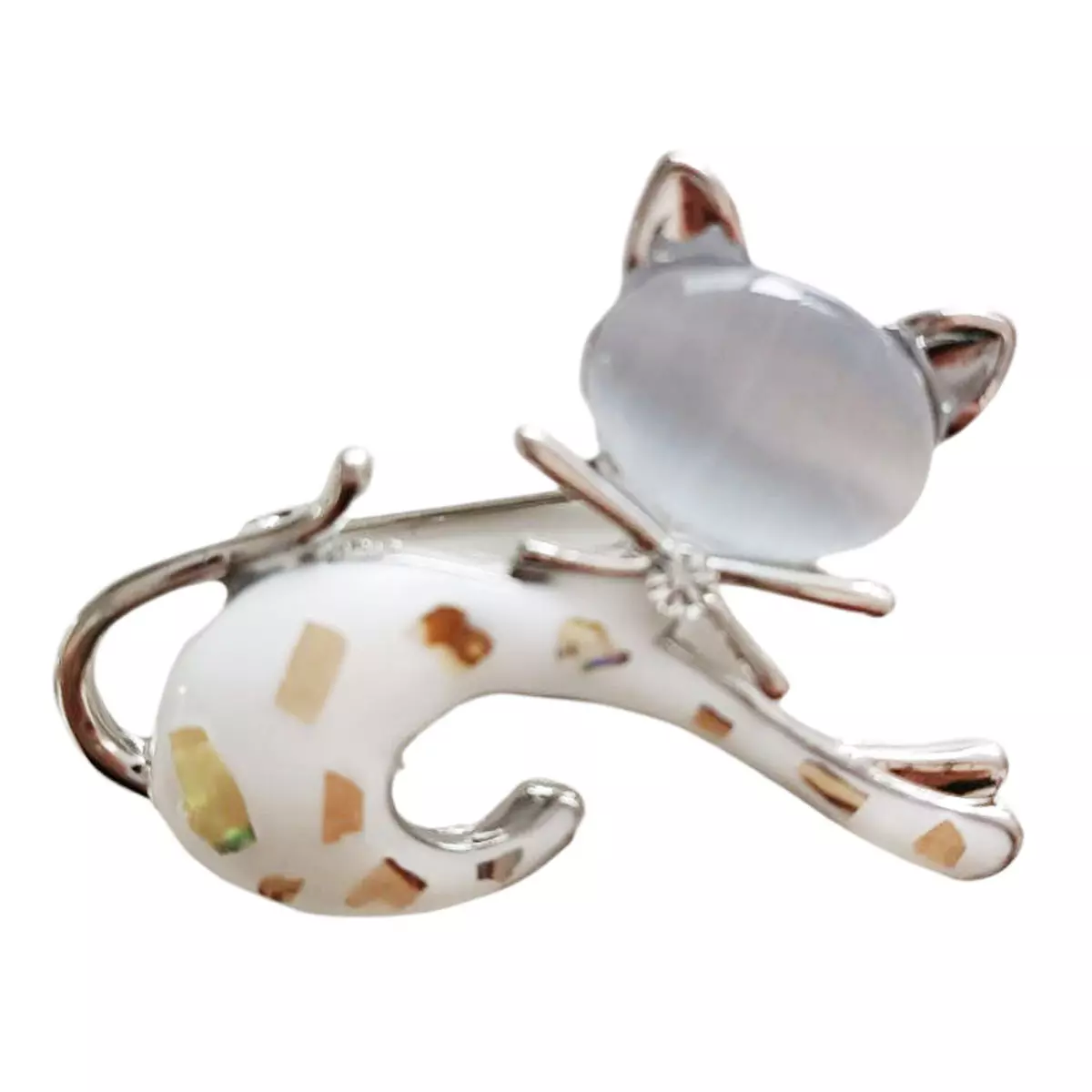 les trésors de lily Broche Créateur 'Chat' blanc argenté 45x35 mm [R8506]