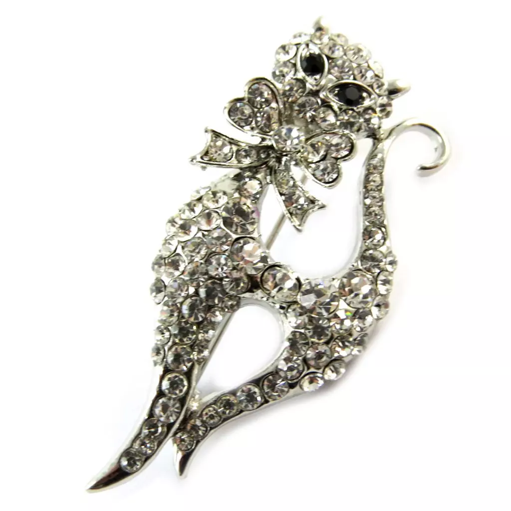 les trésors de lily Broche Créateur 'Chat' blanc argenté 47x22 mm [N9305]