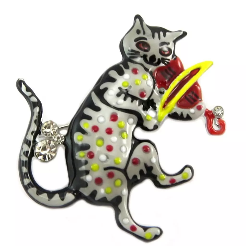 les trésors de lily Broche créateur 'Lilipoupettes' (chat violoniste) gris rouge 45x45 mm [P7458]