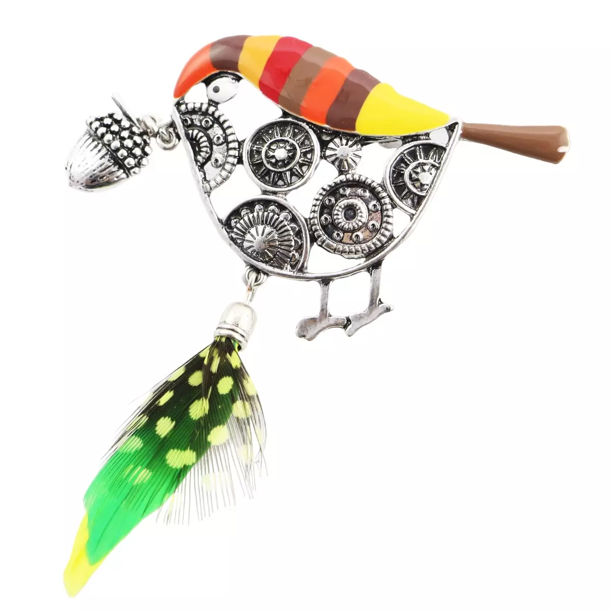 les trésors de lily Broche créateur 'Lilipoupettes' (oiseau noisette) orange vert argenté 80x60 mm [R6120]