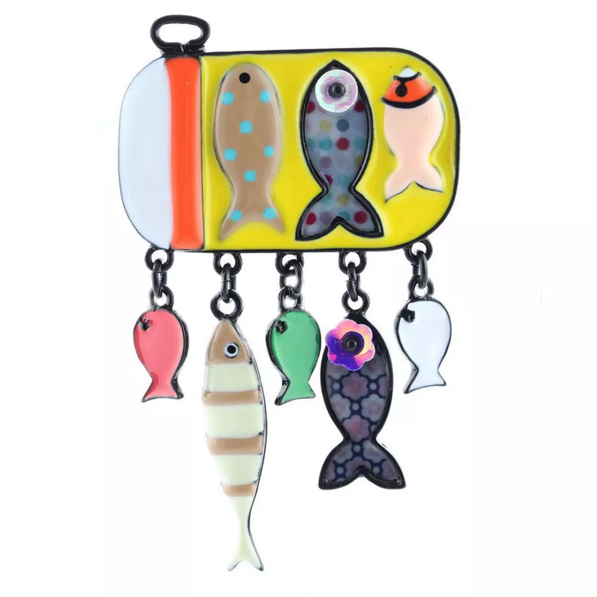 les trésors de lily Broche créateur 'Lilipoupettes' (sardines boite à sardines) jaune multicolore 70x42 mm [R6108]