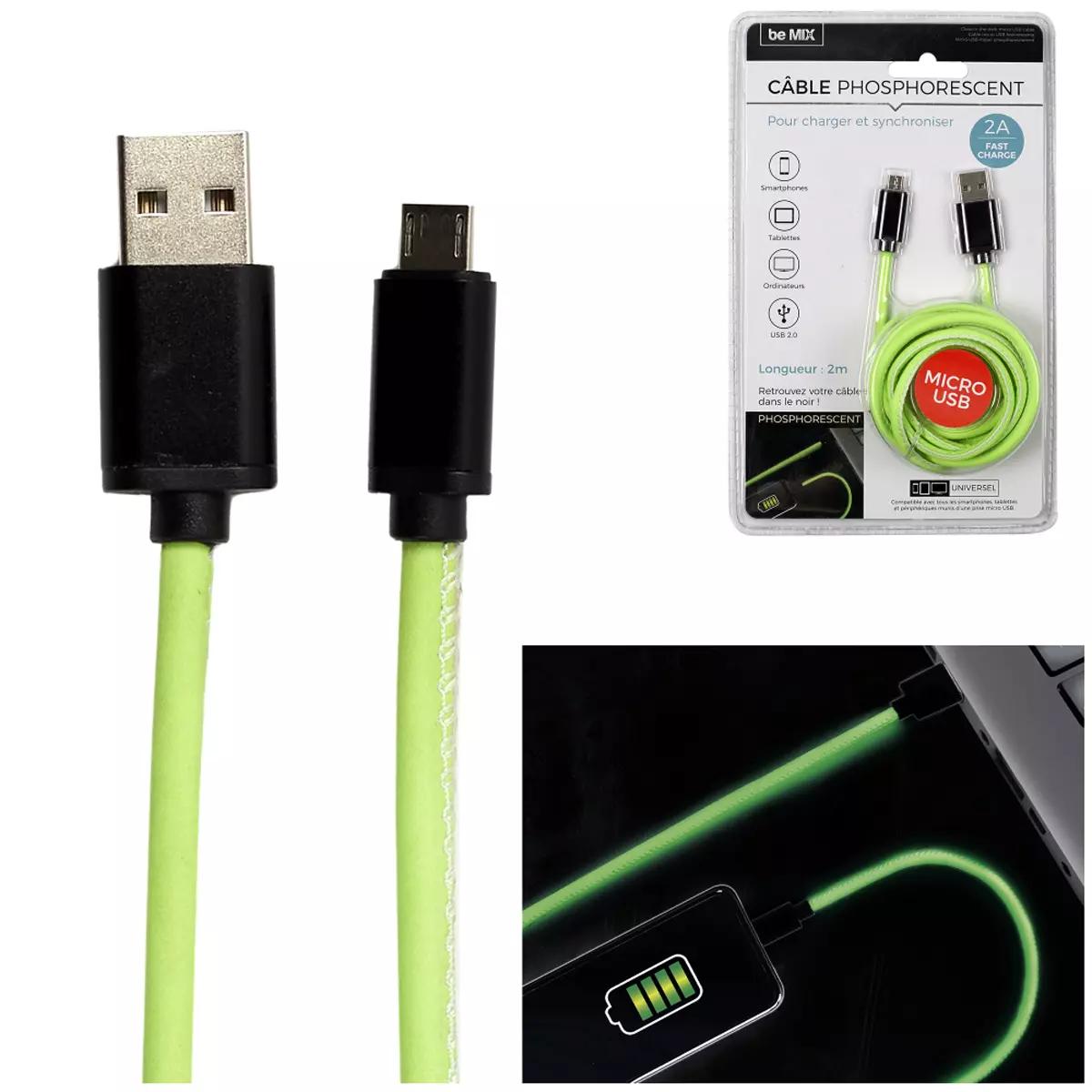 Les Trésors De Lily Cable De Charge Rapide 2A Micro Android USB Phosphorescent 2 M [A1222]