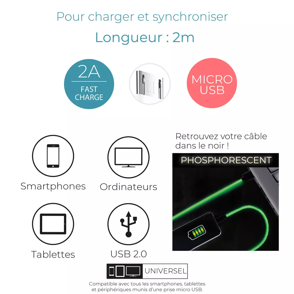 Les Trésors De Lily Cable De Charge Rapide 2A Micro Android USB Phosphorescent 2 M [A1222]