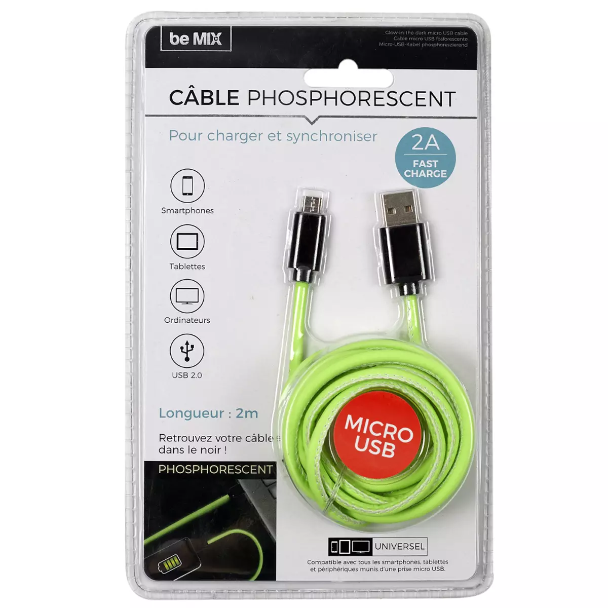 les trésors de lily Cable de charge rapide 2A micro Android USB phosphorescent 2 m [A1222]