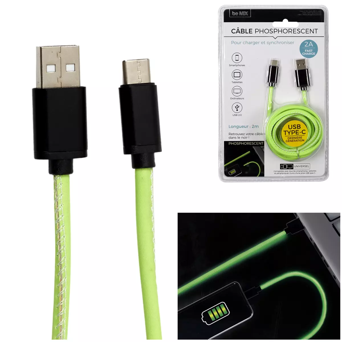 Les Trésors De Lily Cable De Charge Rapide 2A USB Type C Android Phosphorescent 2 M [A1223]
