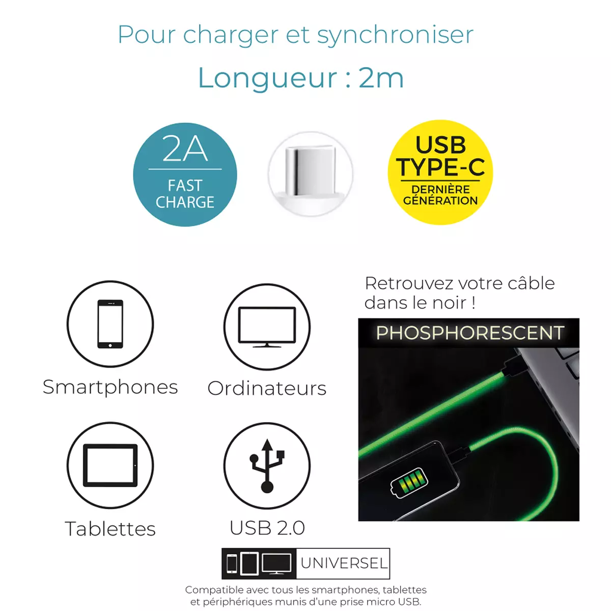 Les Trésors De Lily Cable De Charge Rapide 2A USB Type C Android Phosphorescent 2 M [A1223]