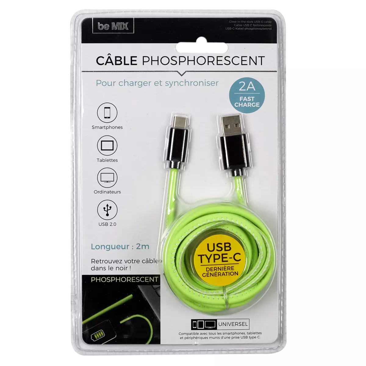 Les Trésors De Lily Cable De Charge Rapide 2A USB Type C Android Phosphorescent 2 M [A1223]
