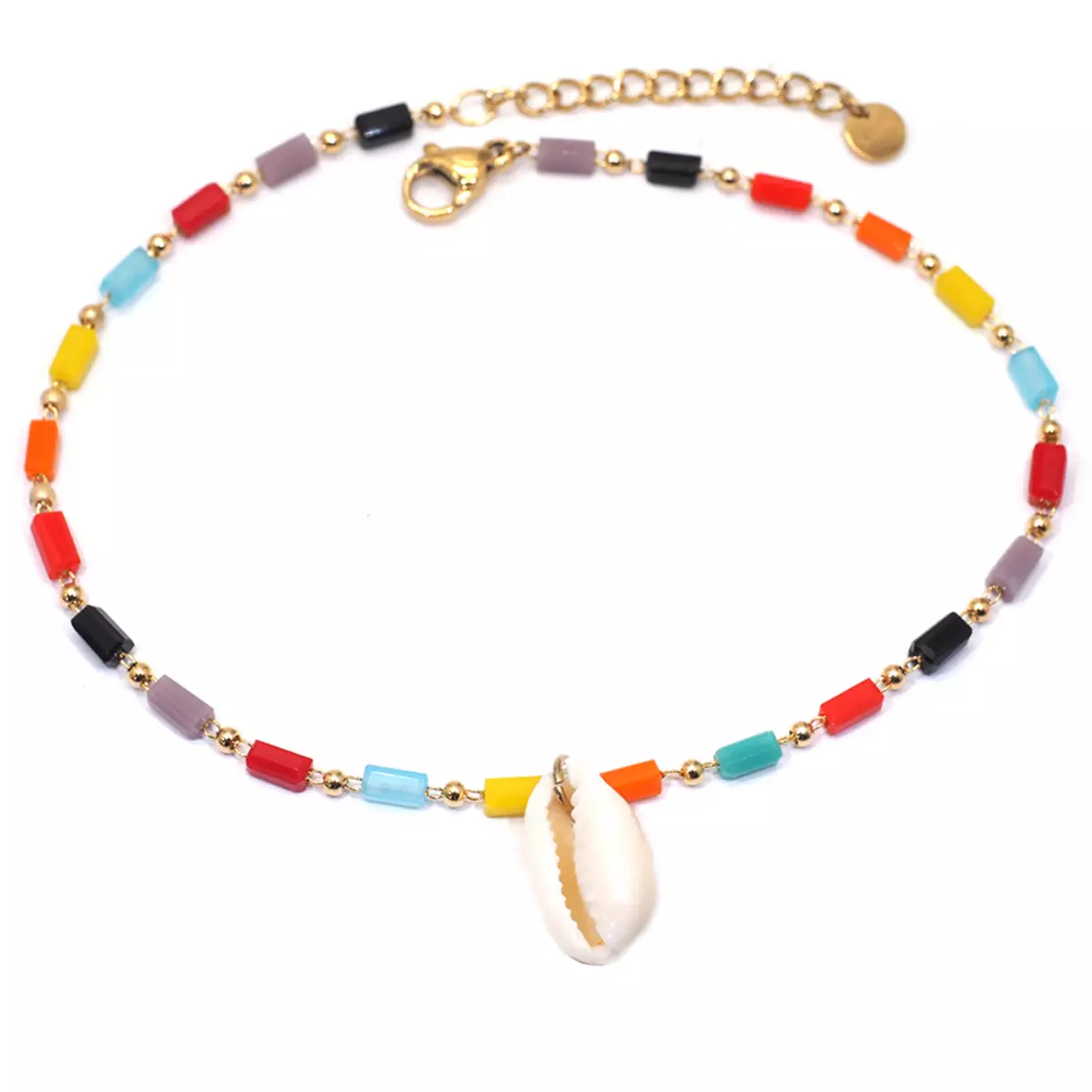 Les Trésors De Lily Chaine Cheville Acier 'Cowrie' Multicolore Doré 26 Cm 13x9 Cm [Q8730]