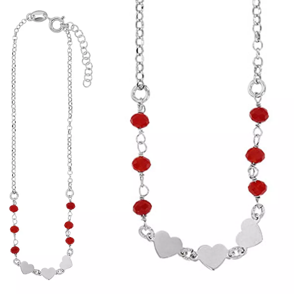 les trésors de lily Chaîne Cheville Argent artisanale 'Love' rouge argenté (rhodié) 26 cm 5 mm (coeur) [R4996]