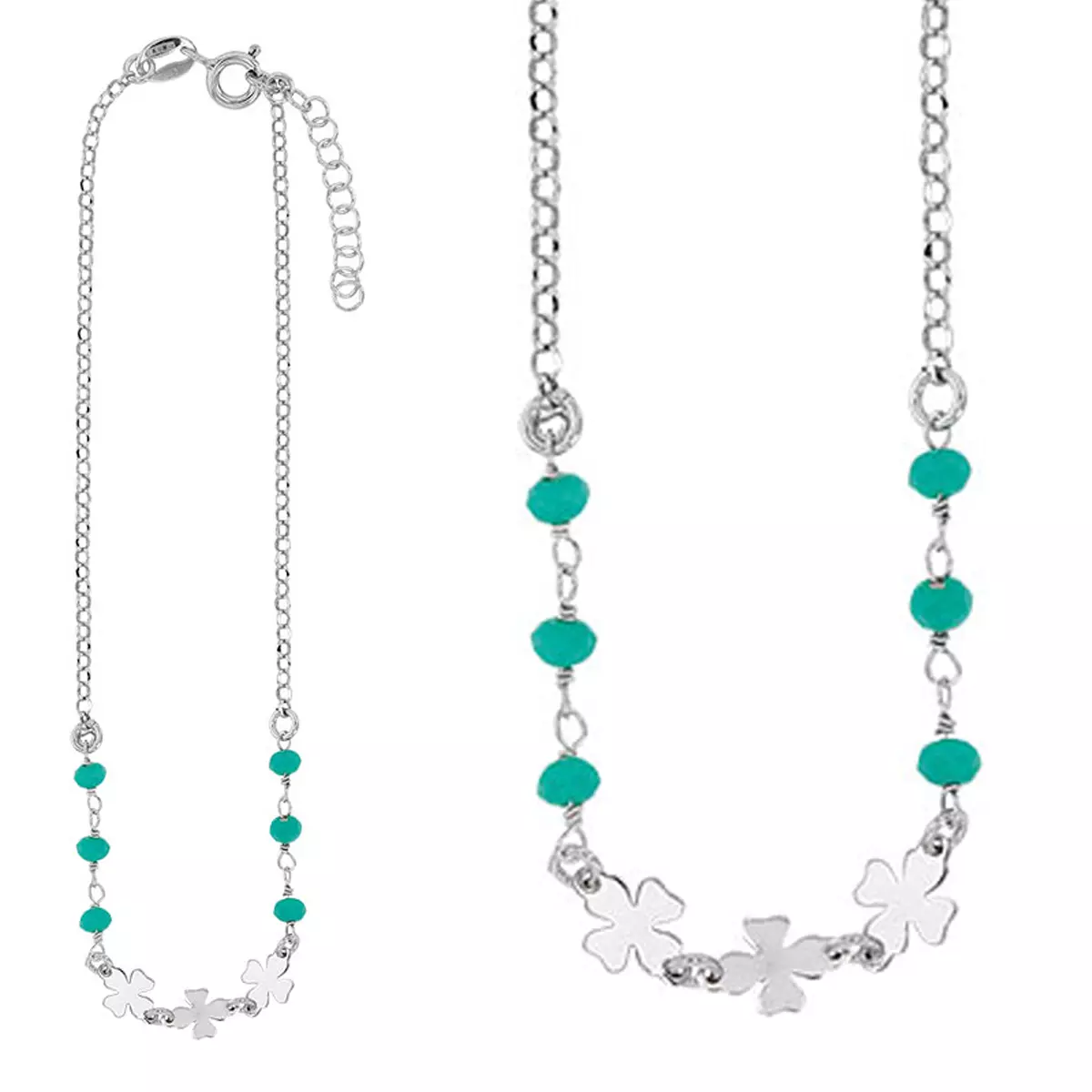 les trésors de lily Chaîne Cheville Argent artisanale 'Trèfles' turquoise argenté (rhodié) 26 cm 5 mm [R4995]