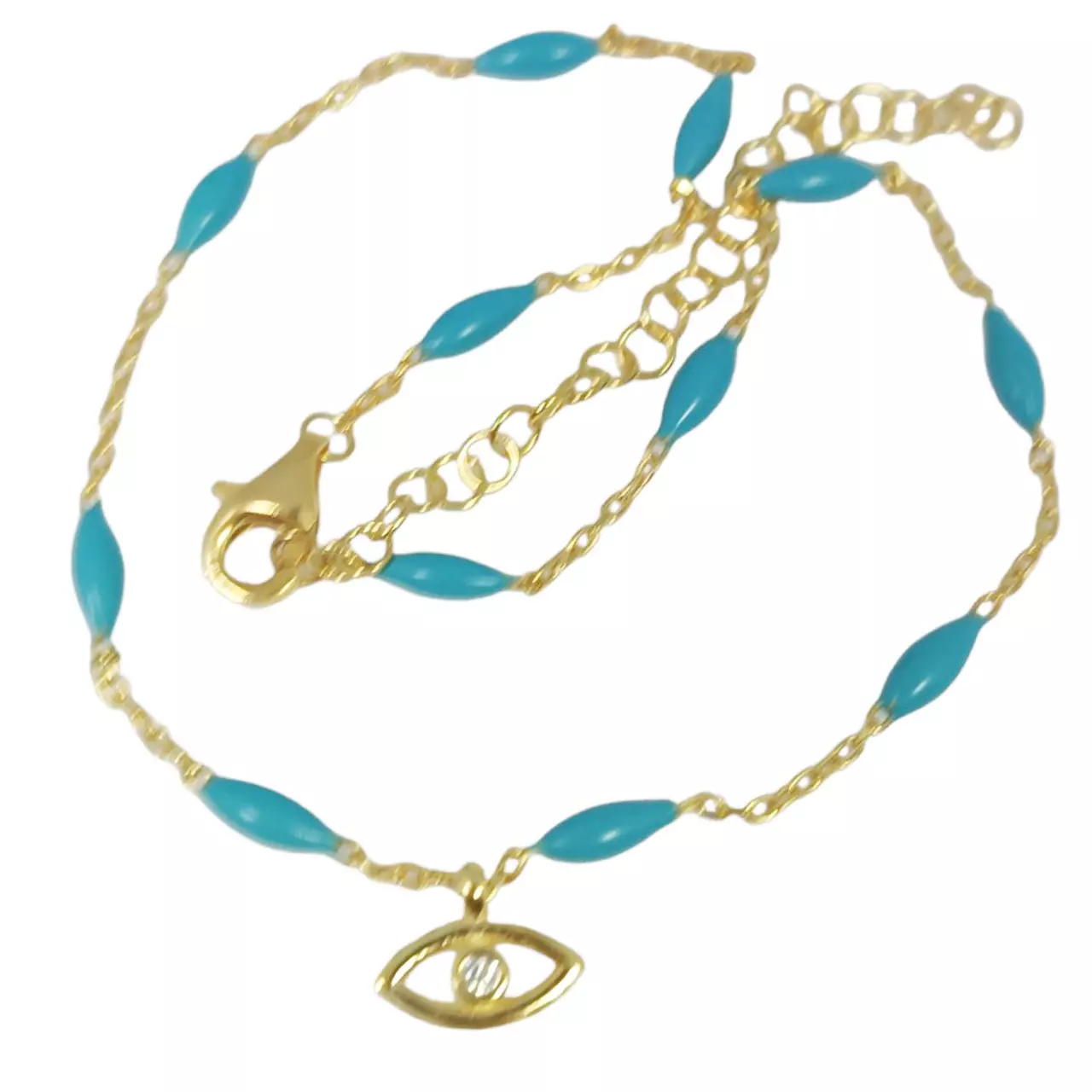les trésors de lily Chaine Cheville Argent 'Cléopatra' turquoise doré 9x4 mm (oeil de fatma) [R9867]