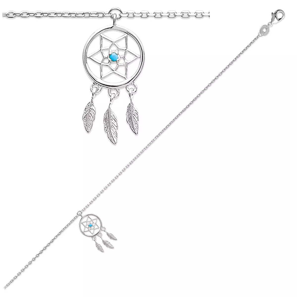 les trésors de lily Chaîne Cheville Argent 'Navajos' turquoise argenté (rhodié) 25 cm 20x11 mm (dreamcatcher) [R1143]