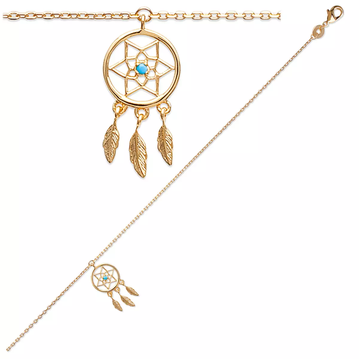 les trésors de lily Chaîne Cheville plaqué or 'Boho' turquoise doré (dreamcatcher) 20x11 mm [P9663]