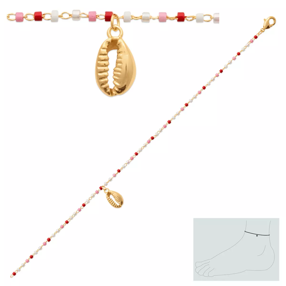 les trésors de lily Chaîne Cheville plaqué or 'Cowrie' rose rouge doré 25 cm 10x6 mm [R3548]