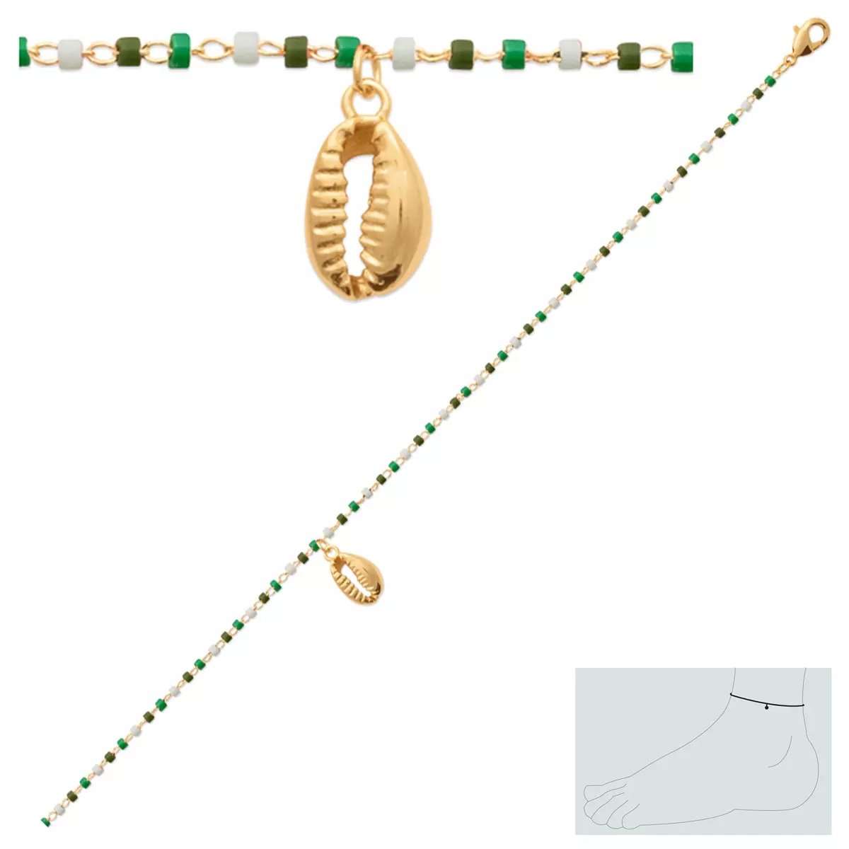 les trésors de lily Chaîne Cheville plaqué or 'Cowrie' vert doré 25 cm 10x6 mm [R3547]