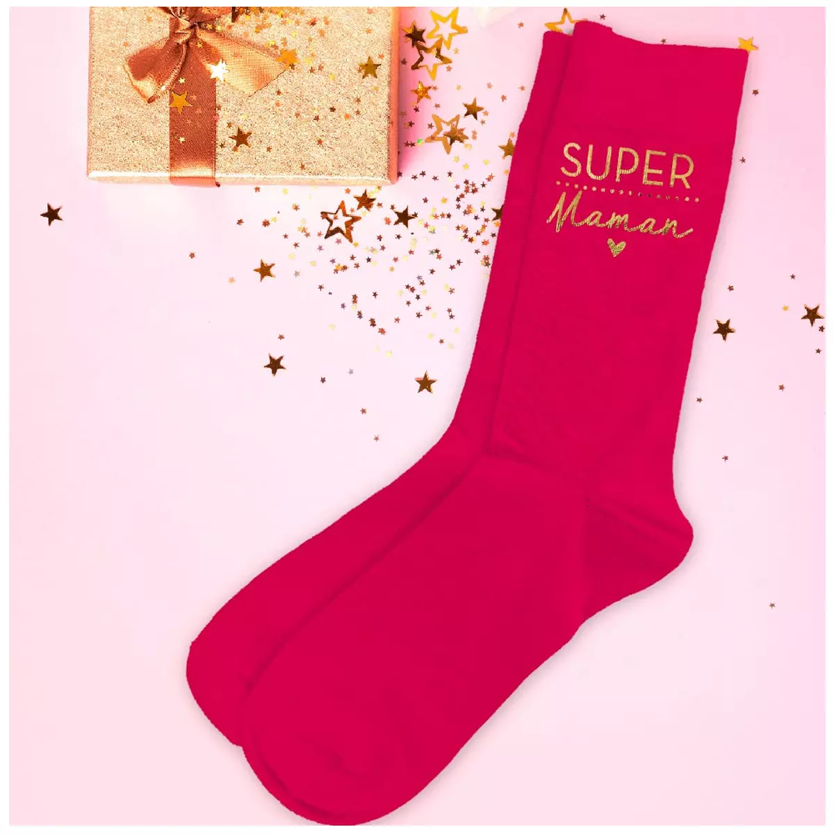 les trésors de lily Chaussettes coton tendresse 'Super Maman' rouge doré taille unique [R6844]