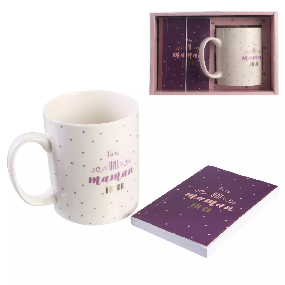 les trésors de lily Coffret mug céramique et carnet 'Tu es une Maman en Or' blanc rose violet 95x7 cm (30 cl) [Q7733]