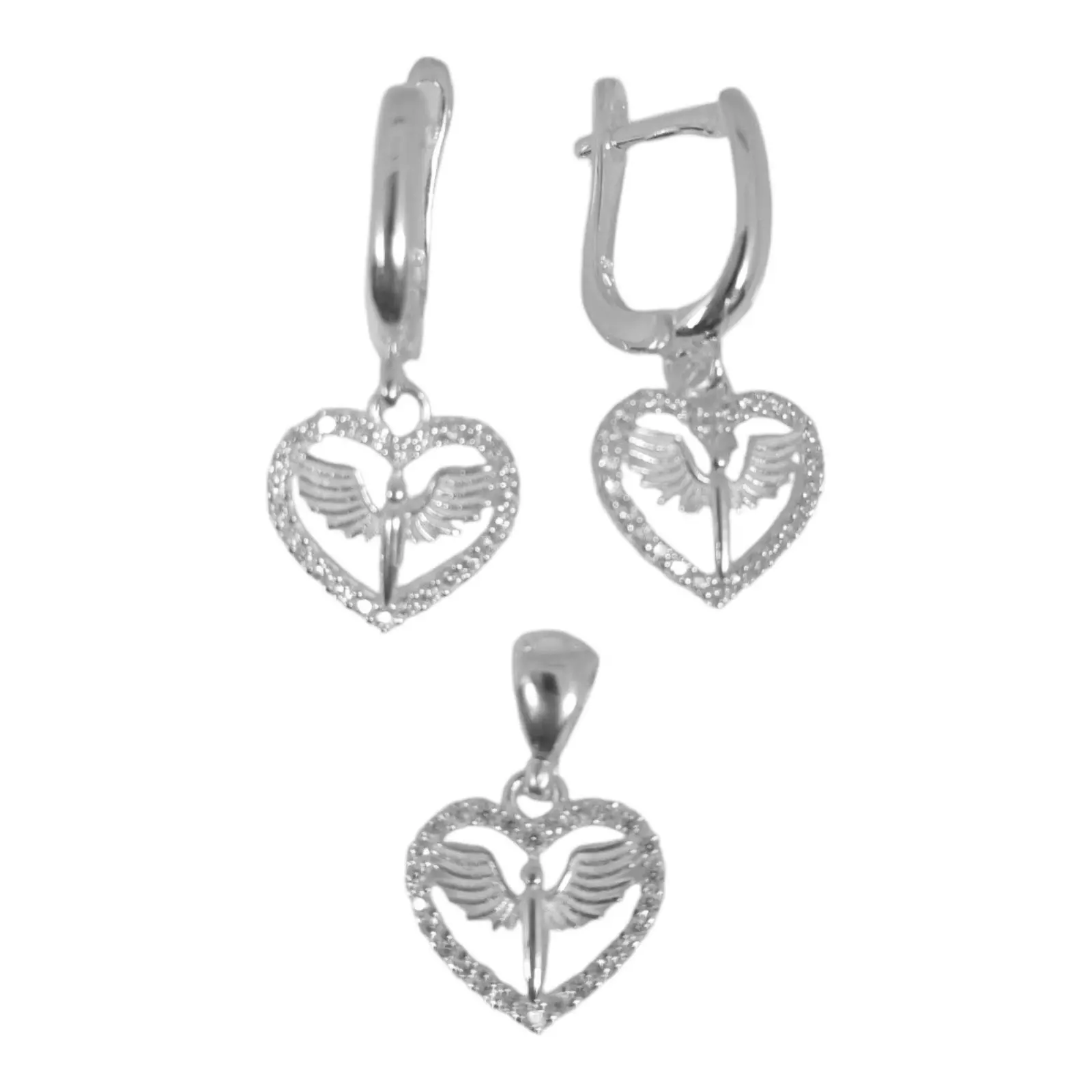 les trésors de lily Parure Argent 'Ange Gardien' blanc argenté 13x11 mm (boucles + pendentif) [S1149]