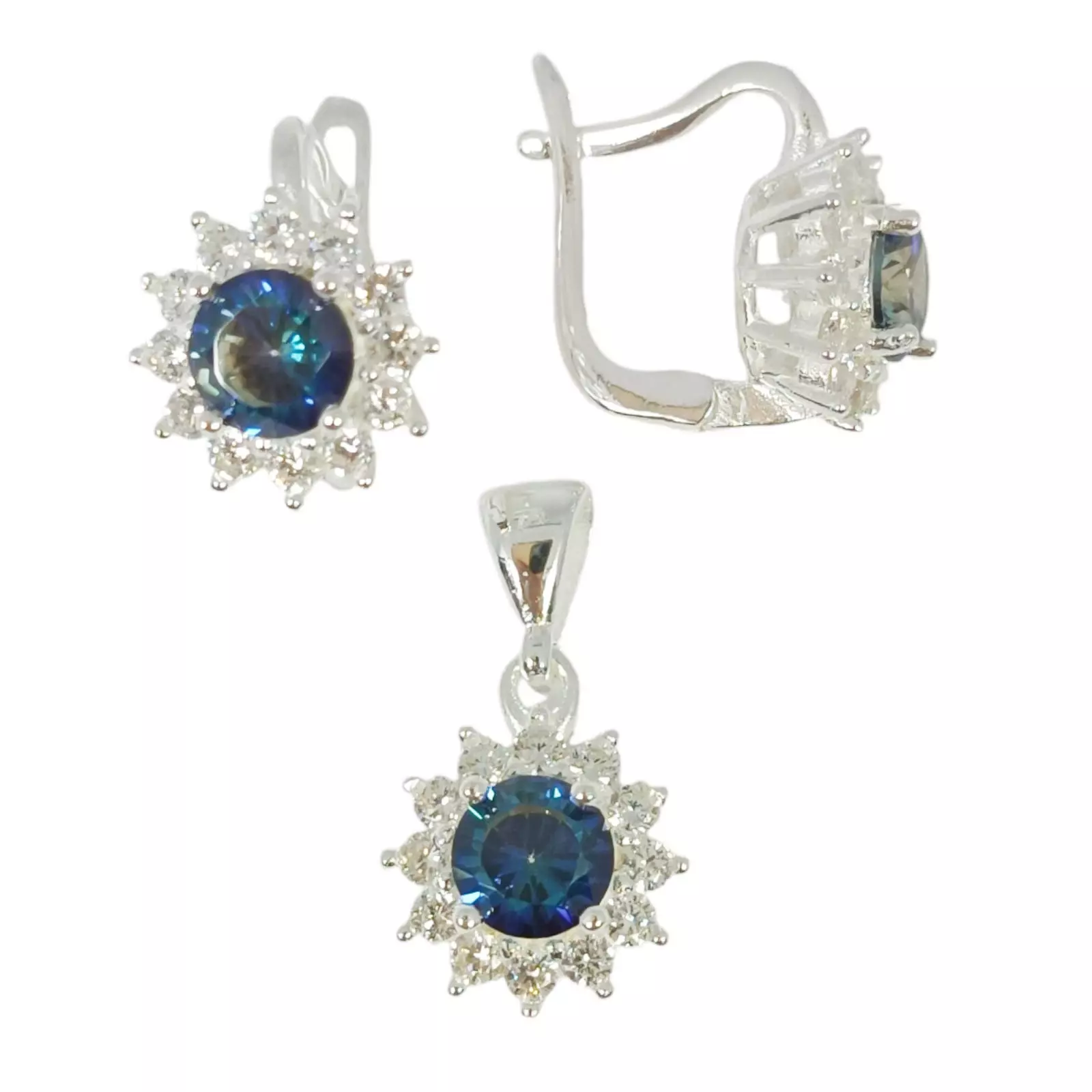 les trésors de lily Parure Argent 'Arégonde' bleu argenté 11x11 mm (boucles + pendentif) [S1134]