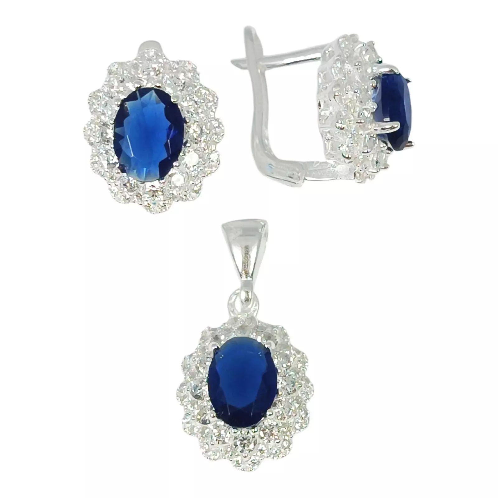Les Trésors De Lily Parure Argent 'Arégonde' Bleu Saphir Argenté 14x12 Mm (boucles + Pendentif) [S1156]