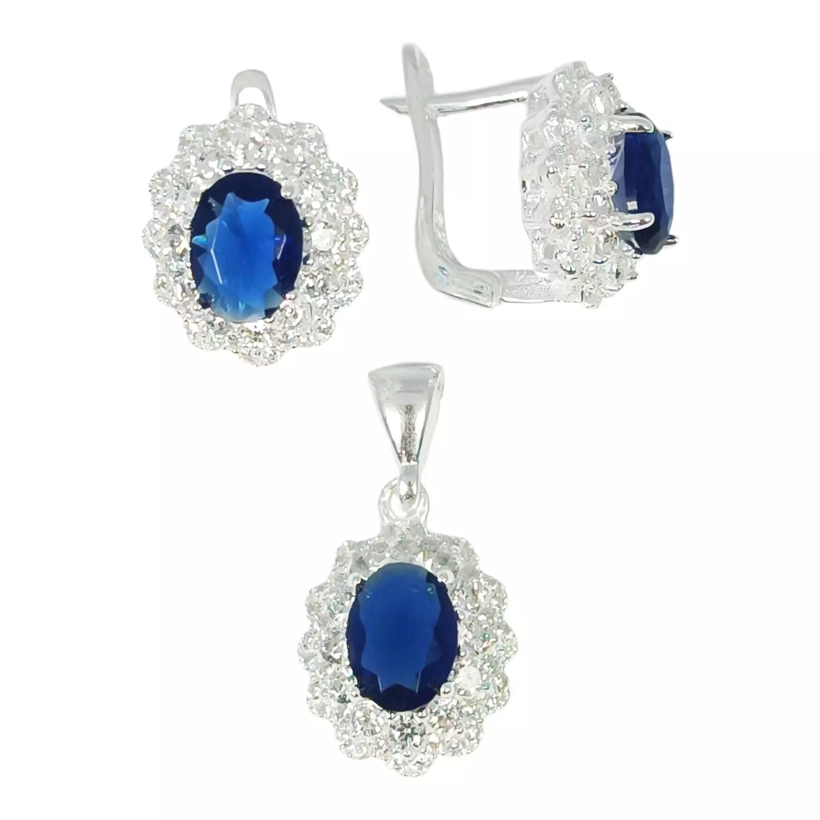 les trésors de lily Parure Argent 'Arégonde' bleu saphir argenté 14x12 mm (boucles + pendentif) [S1156]