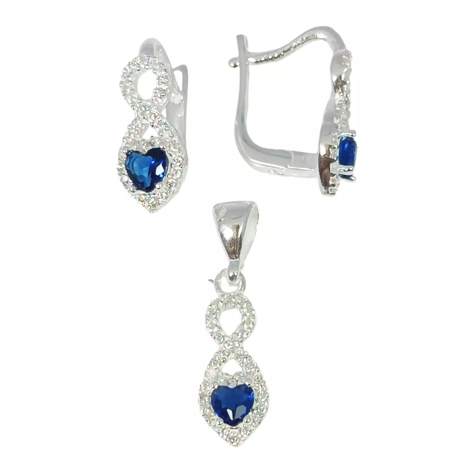 les trésors de lily Parure Argent 'Arégonde' bleu saphir argenté (cœur) 15x7 mm (boucles + pendentif) [S1157]