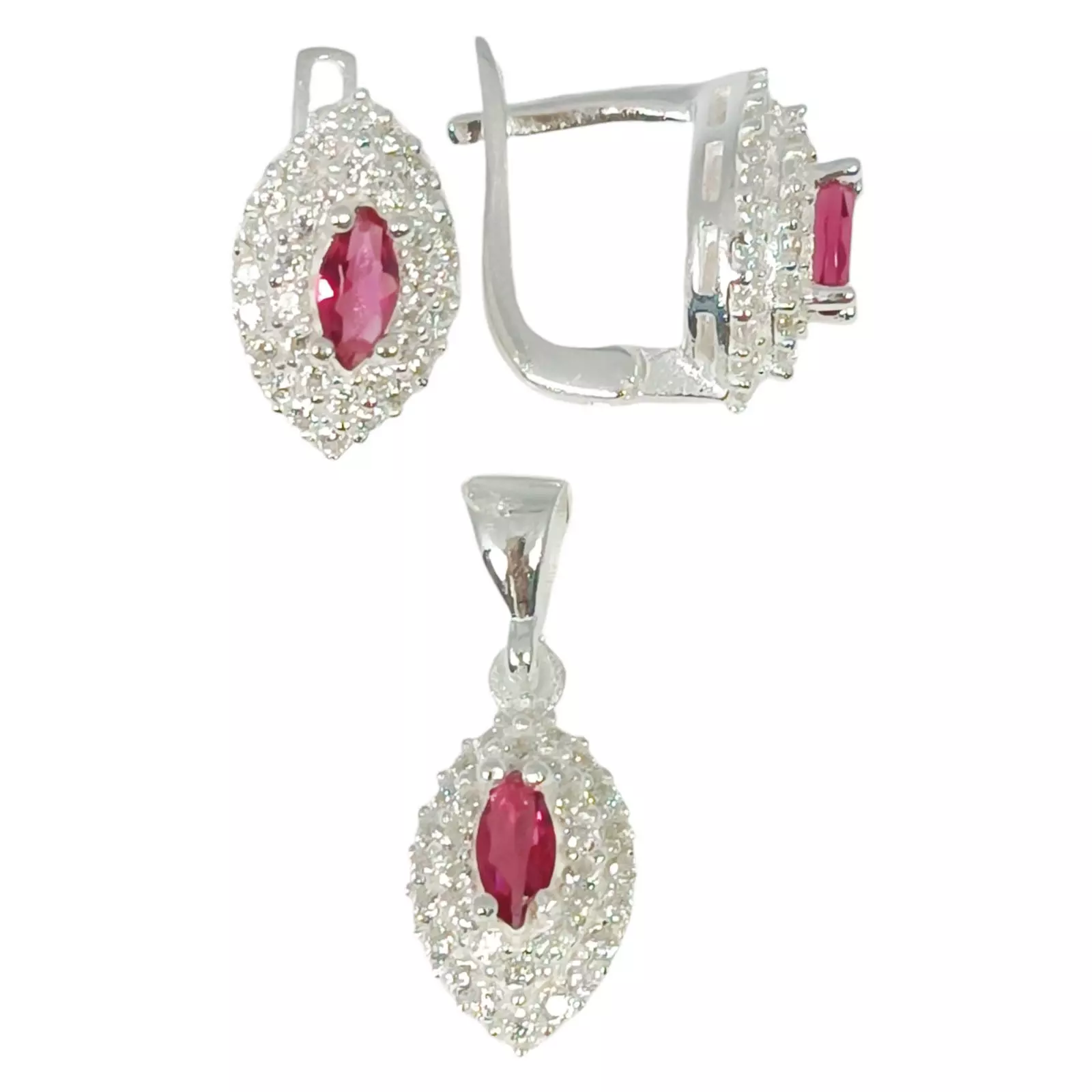 Les Trésors De Lily Parure Argent 'Arégonde' Rose Rubis Argenté 14x9 Mm (boucles + Pendentif) [S1150]