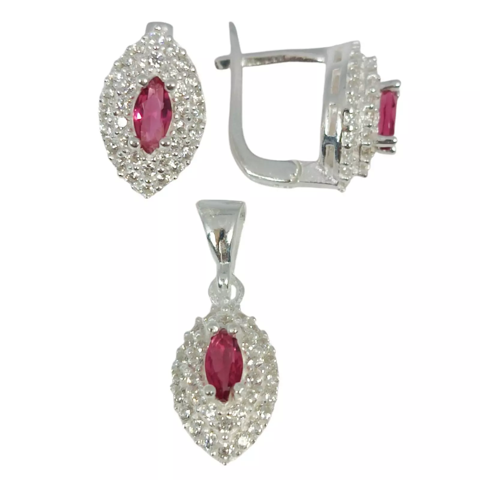 Les Trésors De Lily Parure Argent 'Arégonde' Rose Rubis Argenté 14x9 Mm (boucles + Pendentif) [S1150]