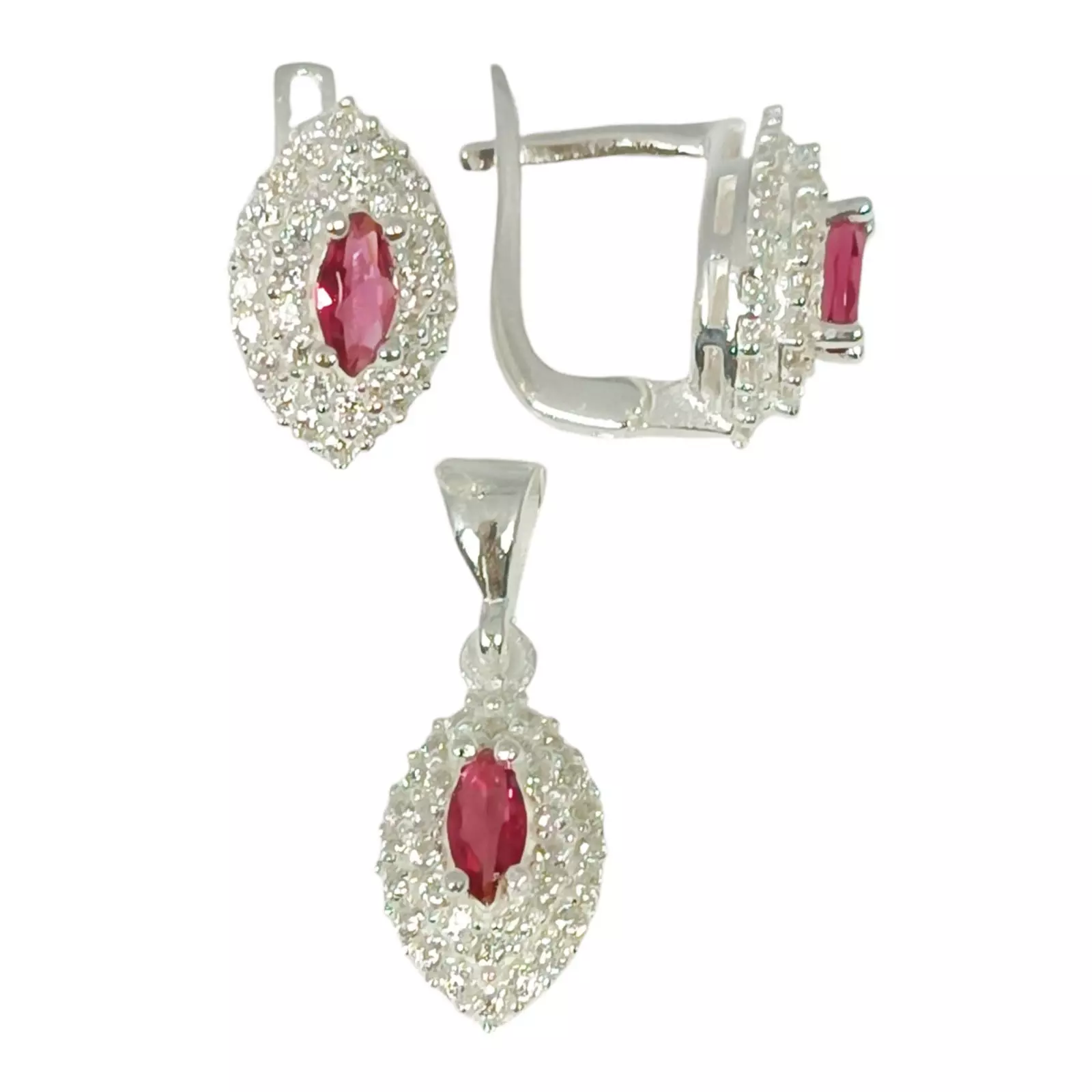 les trésors de lily Parure Argent 'Arégonde' rose rubis argenté 14x9 mm (boucles + pendentif) [S1150]