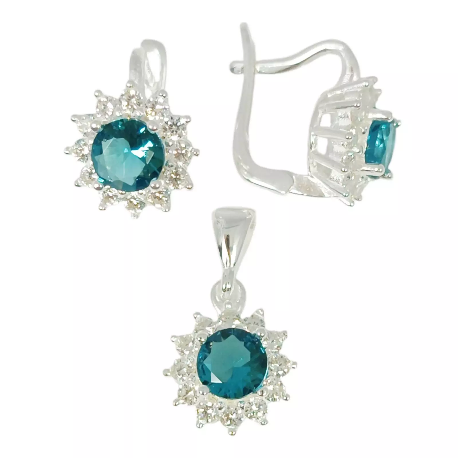Les Trésors De Lily Parure Argent 'Arégonde' Turquoise Blanc Argenté 11x11 Mm (boucles + Pendentif) [S1135]