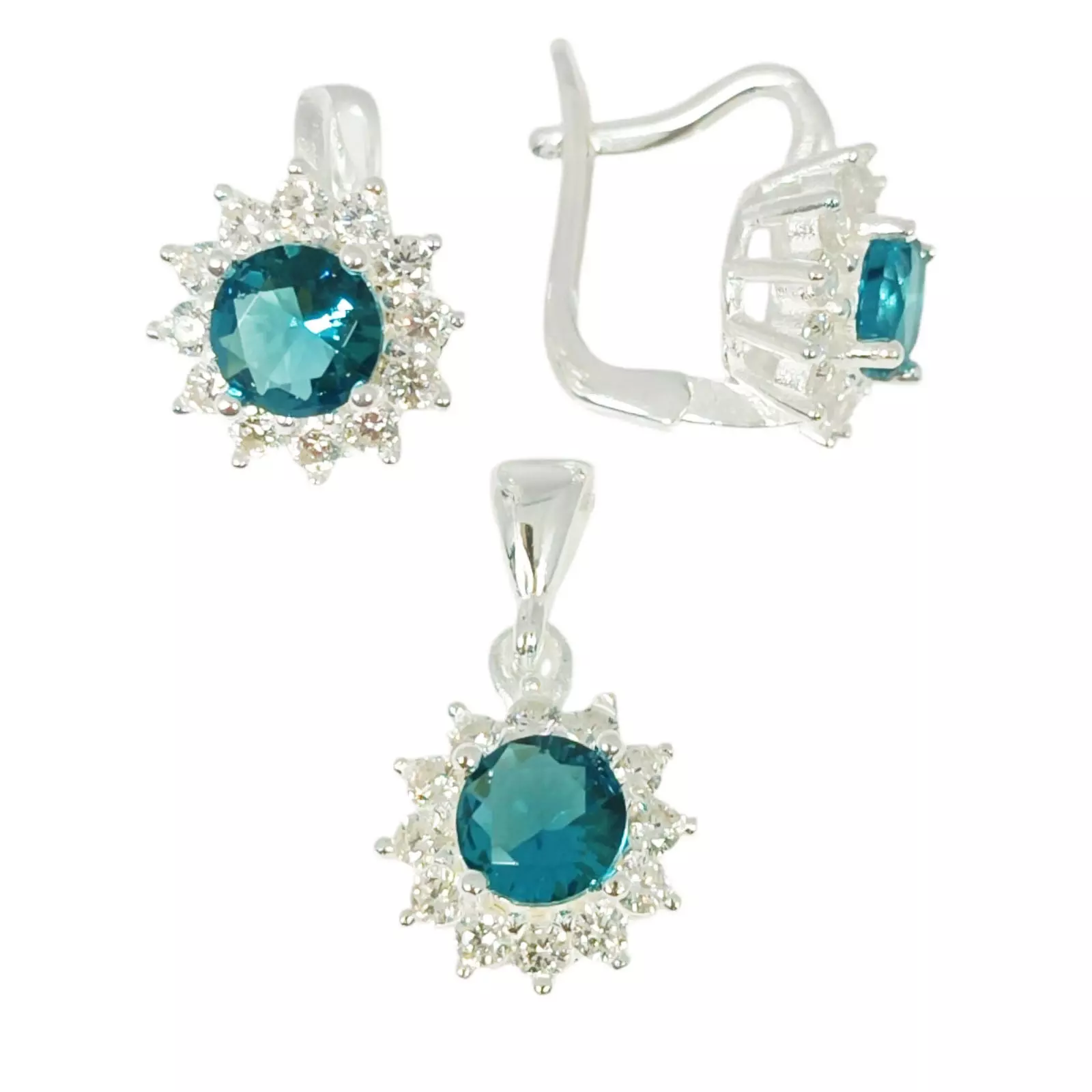 les trésors de lily Parure Argent 'Arégonde' turquoise blanc argenté 11x11 mm (boucles + pendentif) [S1135]
