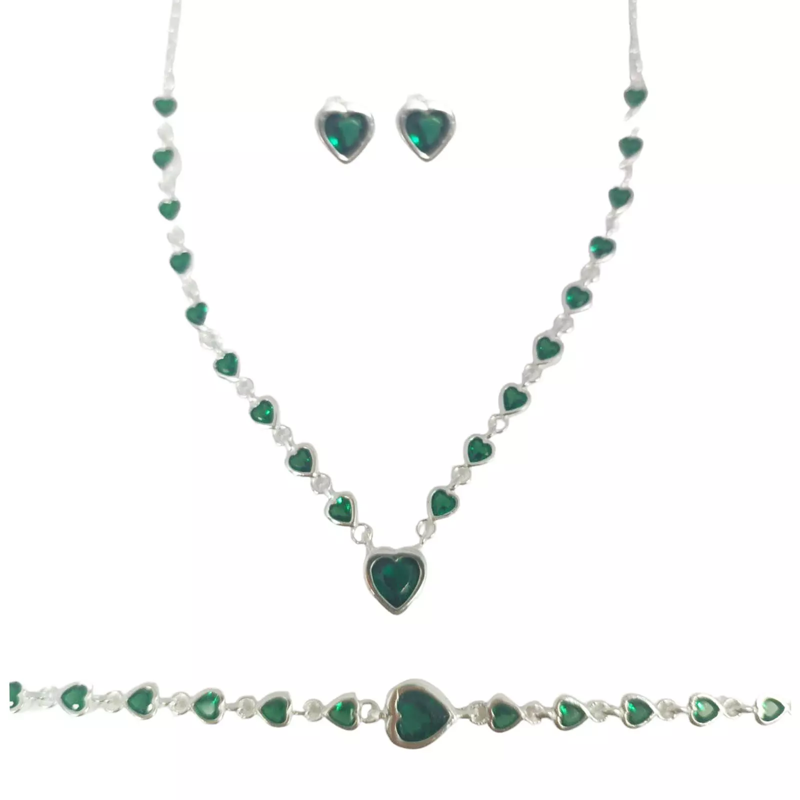 les trésors de lily Parure Argent 'Arégonde' vert émeraude argenté 8x7 mm (coeur) [S0954]