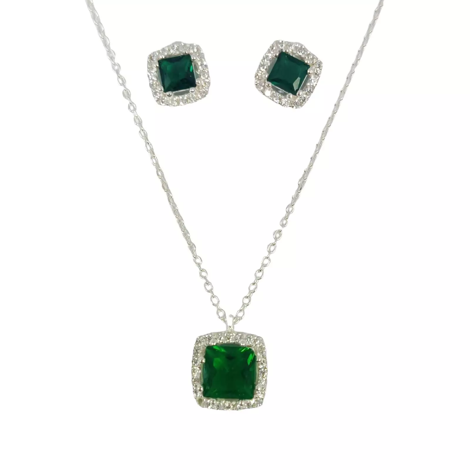 les trésors de lily Parure Argent 'Arégonde' vert émeraude argenté 9x9 mm [S1123]