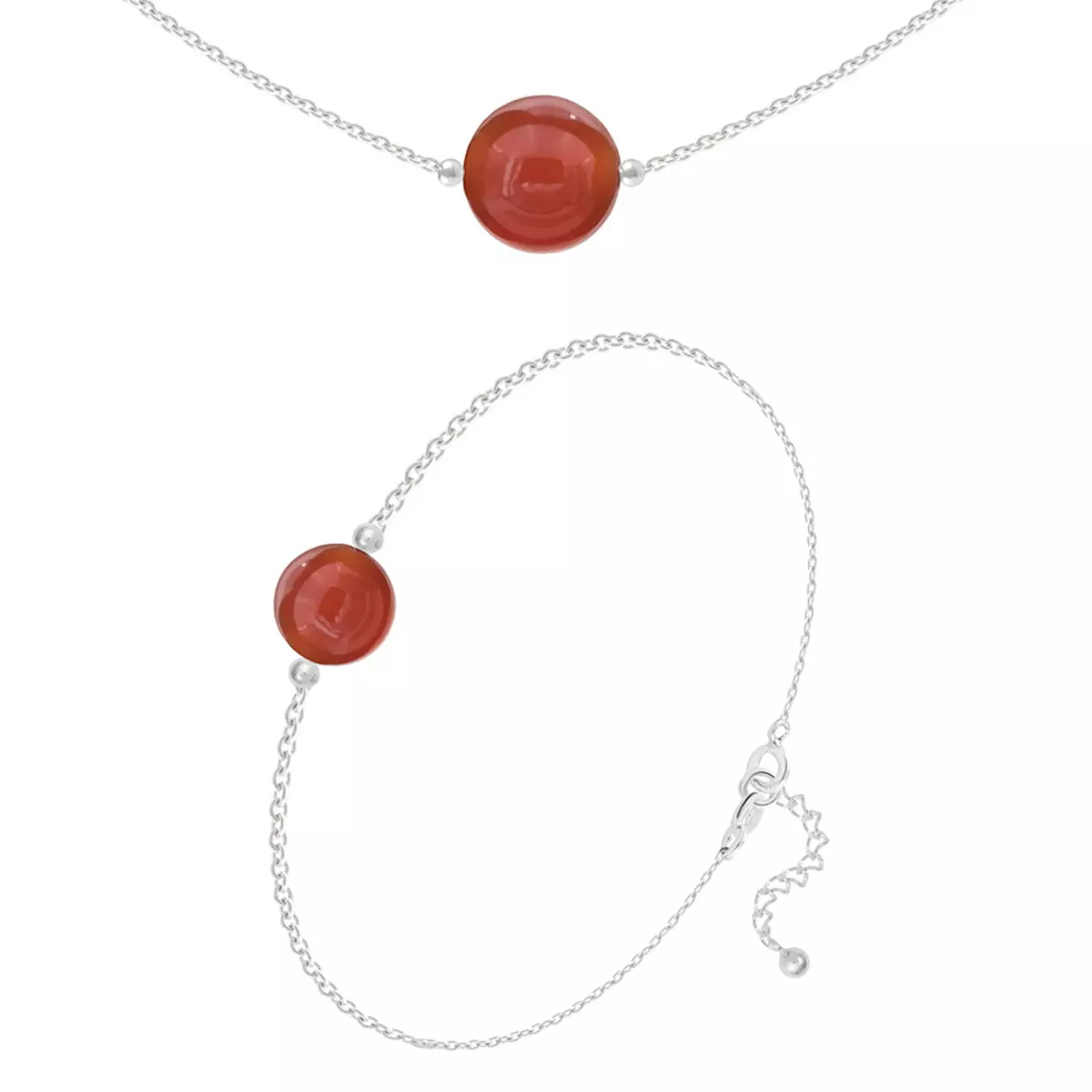 les trésors de lily Parure argent artisanal 'Mineralia' agate rouge argenté 10 et 8 mm (collier & bracelet) [R5984]