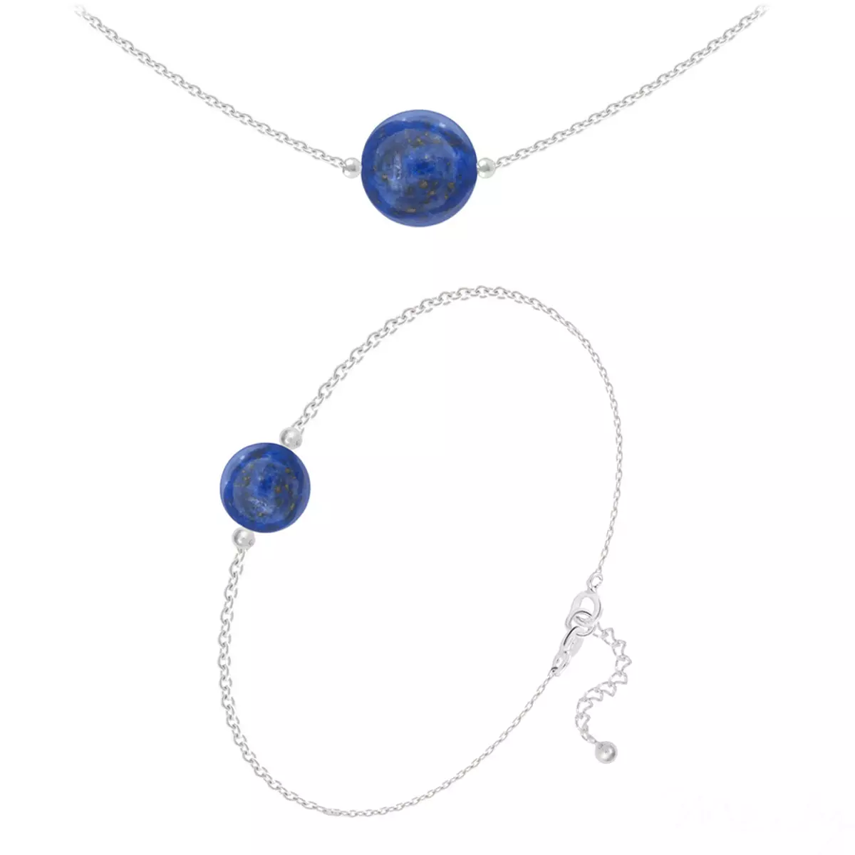 les trésors de lily Parure argent artisanal 'Mineralia' lapis lazuli argenté 10 et 8 mm (collier & bracelet) [R5982]