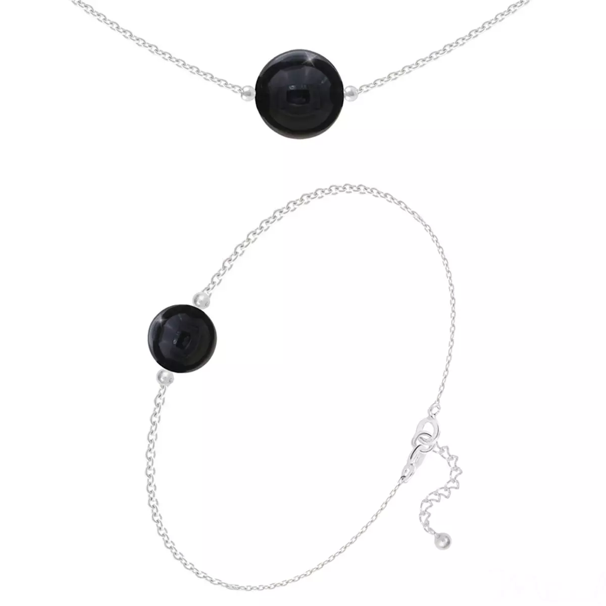 les trésors de lily Parure argent artisanal 'Mineralia' onyx argenté 10 et 8 mm (collier & bracelet) [R5985]