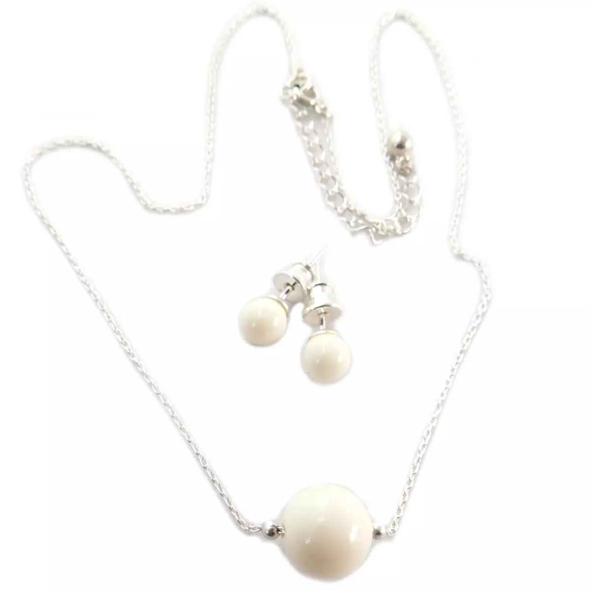 Les Trésors De Lily Parure Argent Artisanale 'Perla' Beige Argenté (collier Et Boucles) 10 Mm Boucles 6 Mm [Q4984]