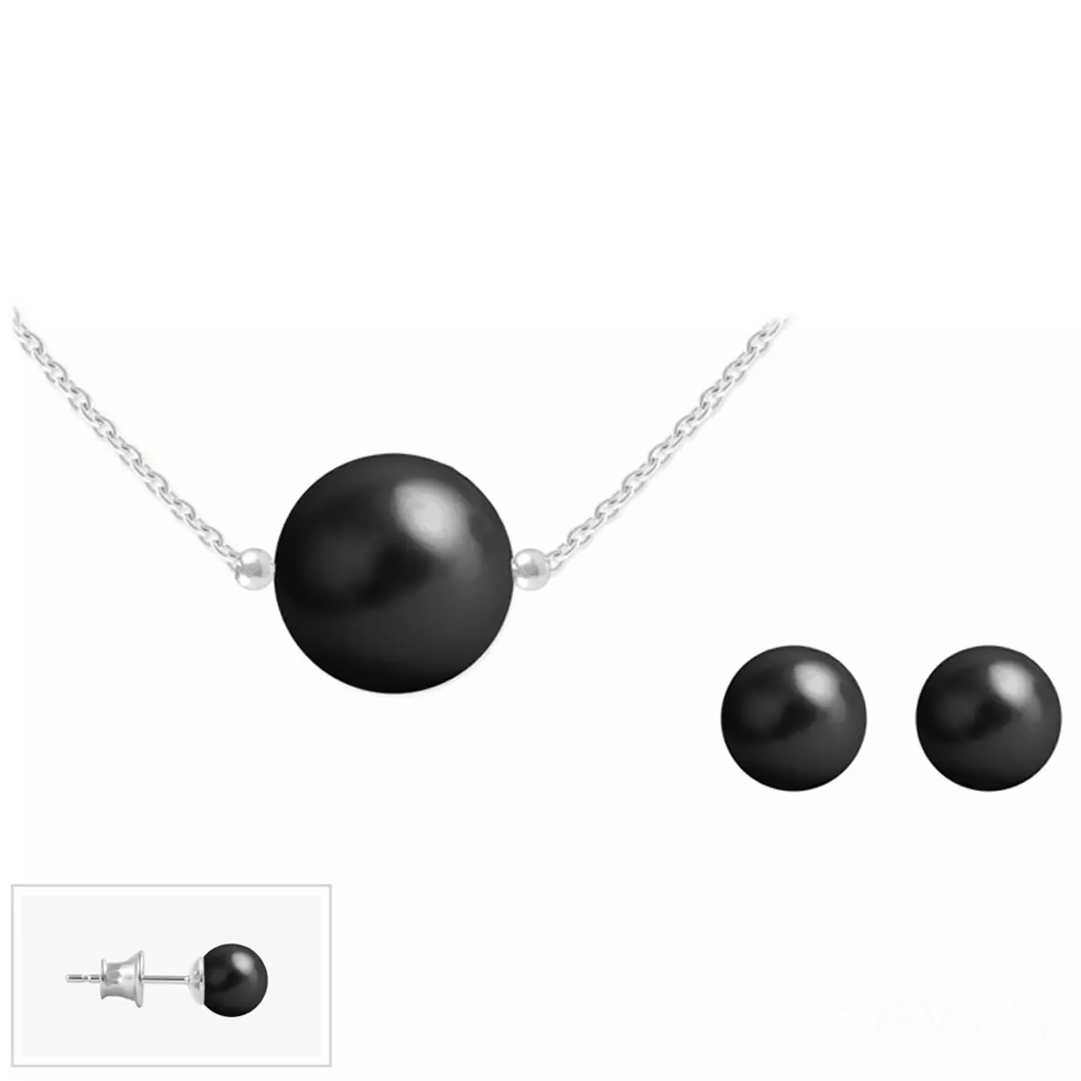 les trésors de lily Parure argent artisanale 'Perla' noir argenté (collier et boucles) 10 mm boucles 6 mm [Q4266]