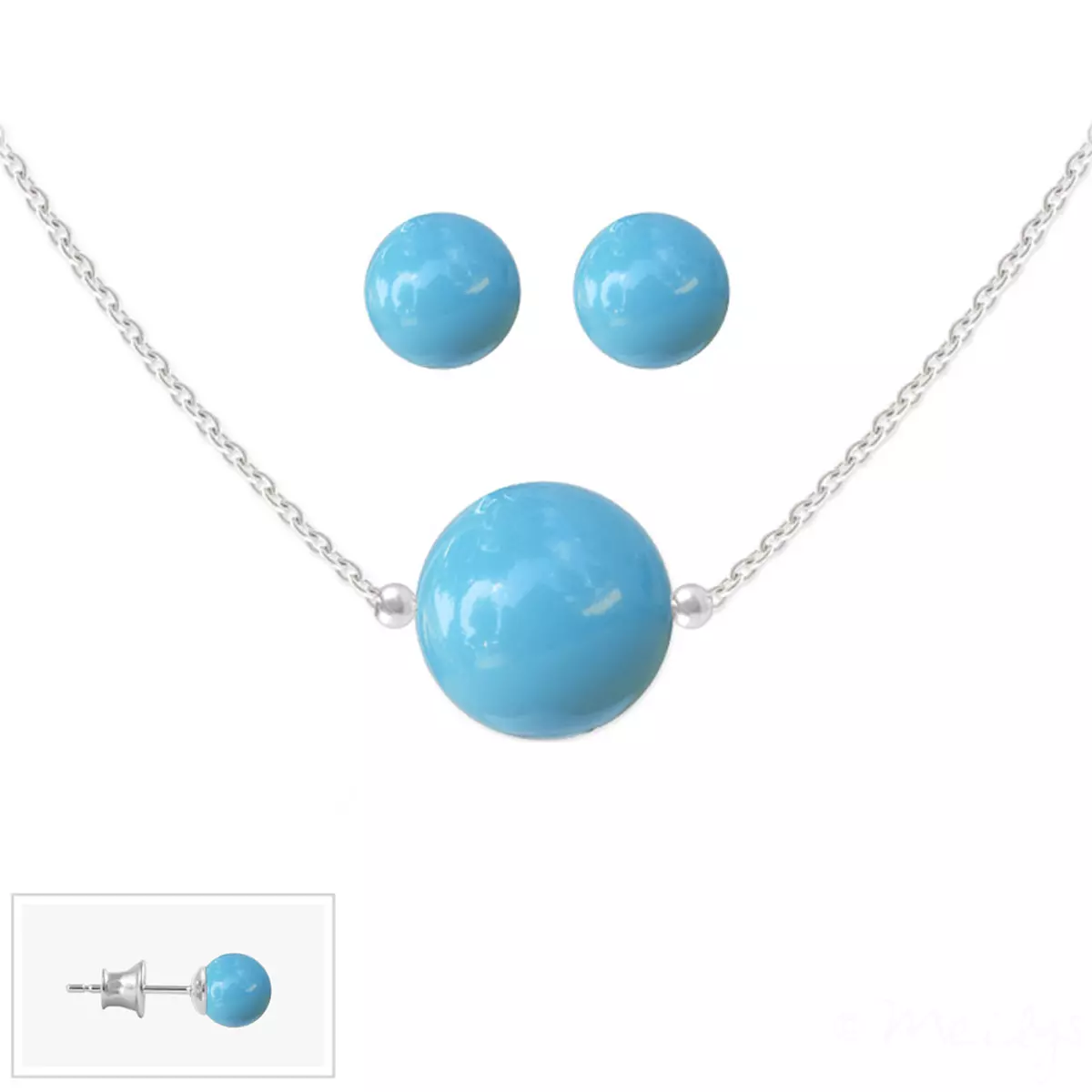 les trésors de lily Parure argent artisanale 'Perla' turquoise argenté (collier et boucles) 10 mm boucles 6 mm [R5954]