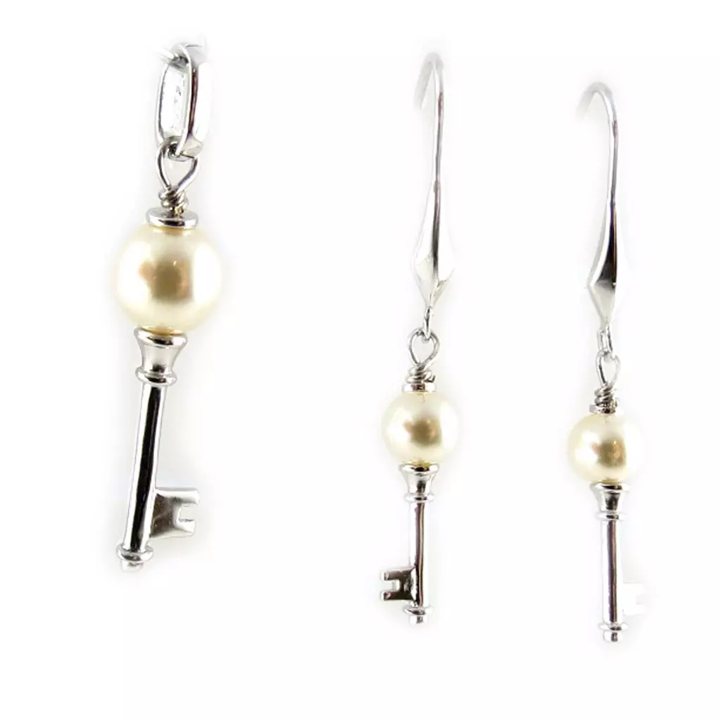 les trésors de lily Parure argent 'Clé du bonheur' Blanc argenté 35x8 mm boucles 40x6 mm [L1328]