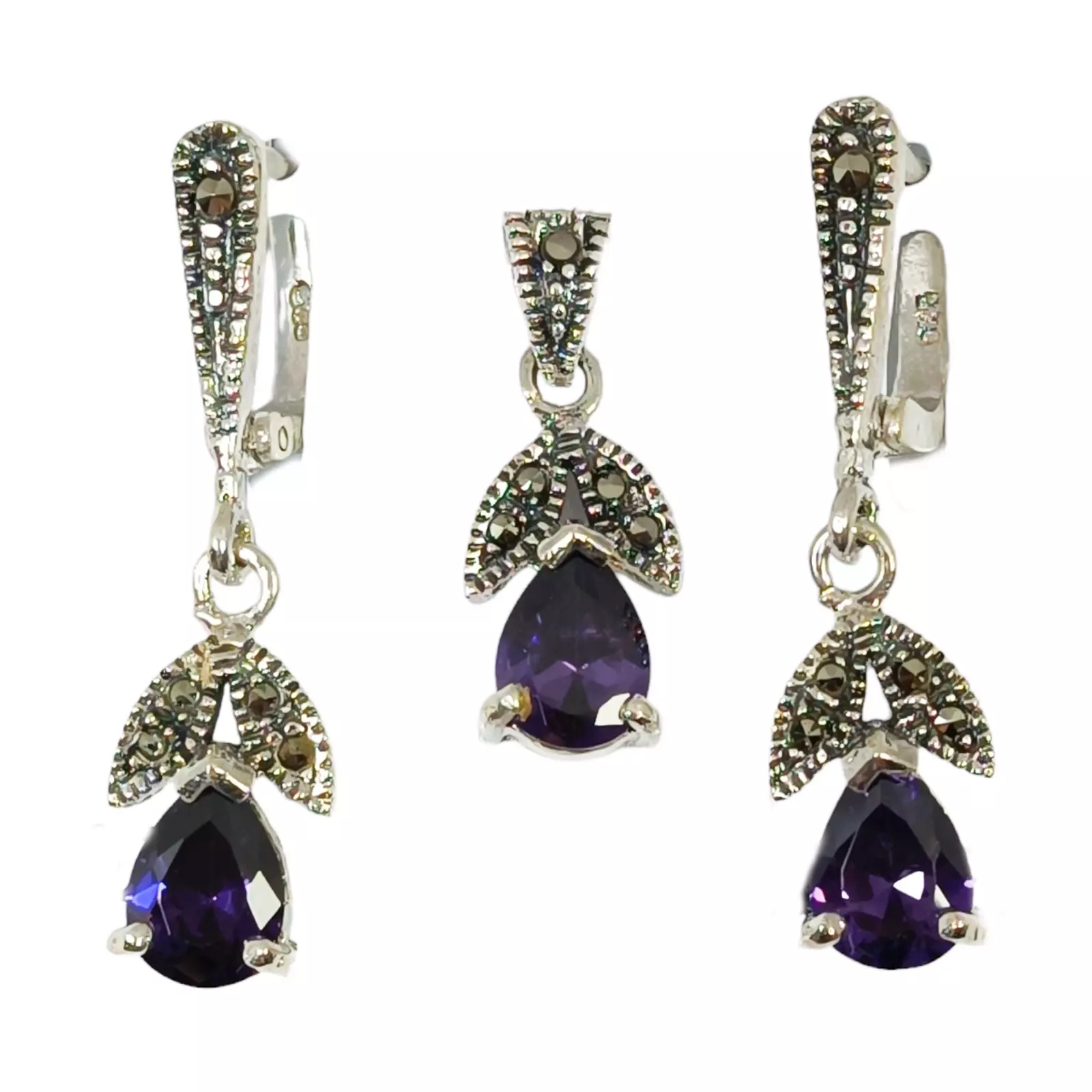 Les Trésors De Lily Parure Argent 'Sappho' Violet Marcassite Argenté (pendentif Et Boucles D'oreilles) [S0532]
