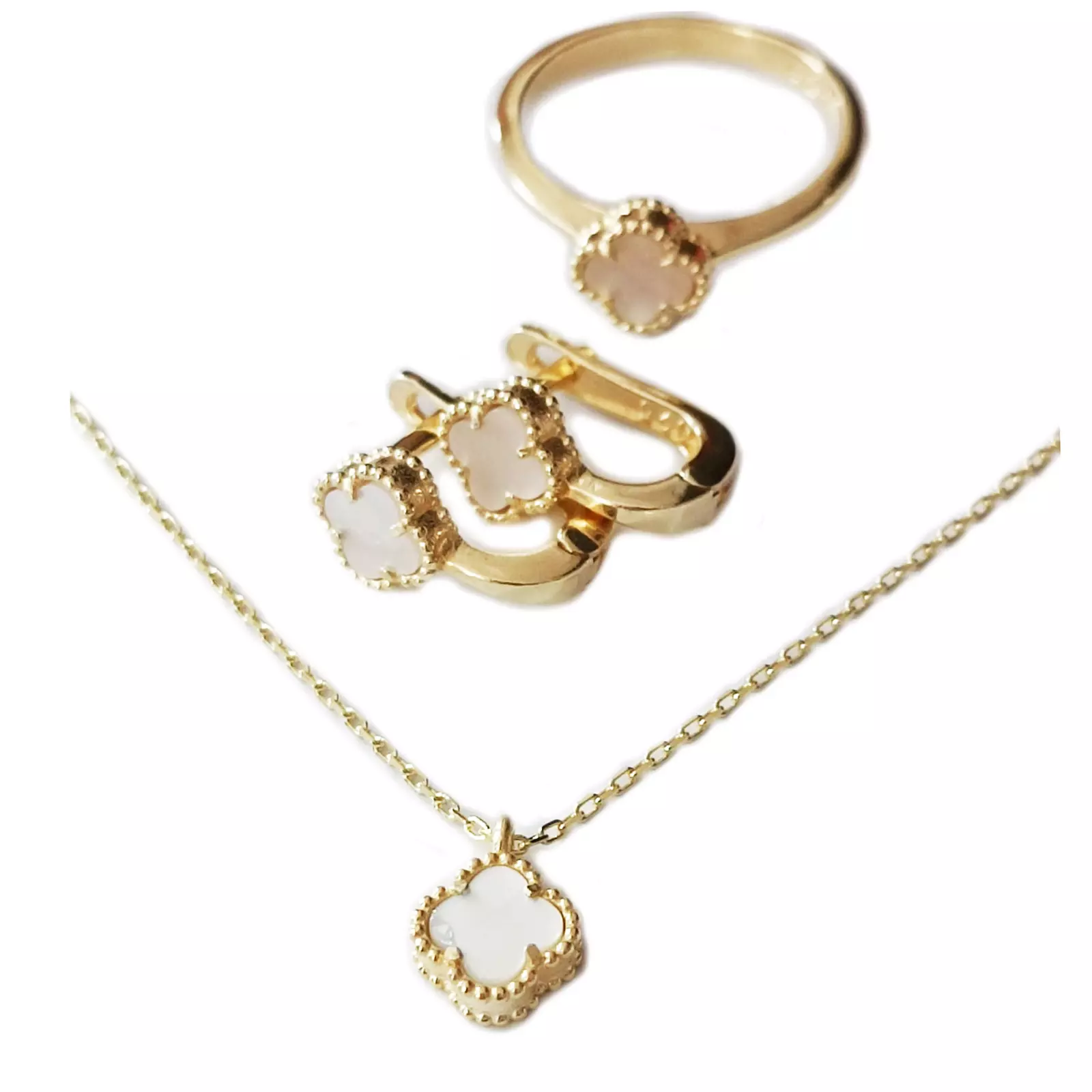 Les Trésors De Lily Parure Argent 'Trèfle à 4 Feuilles' Blanc Doré 7 Mm (boucles + Pendentif) [S1233]